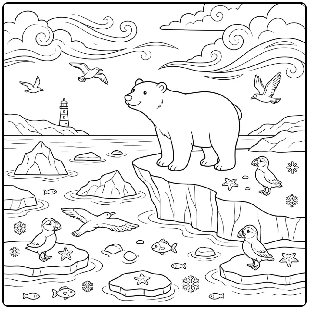 Polar bear coloring page by the frozen ocean