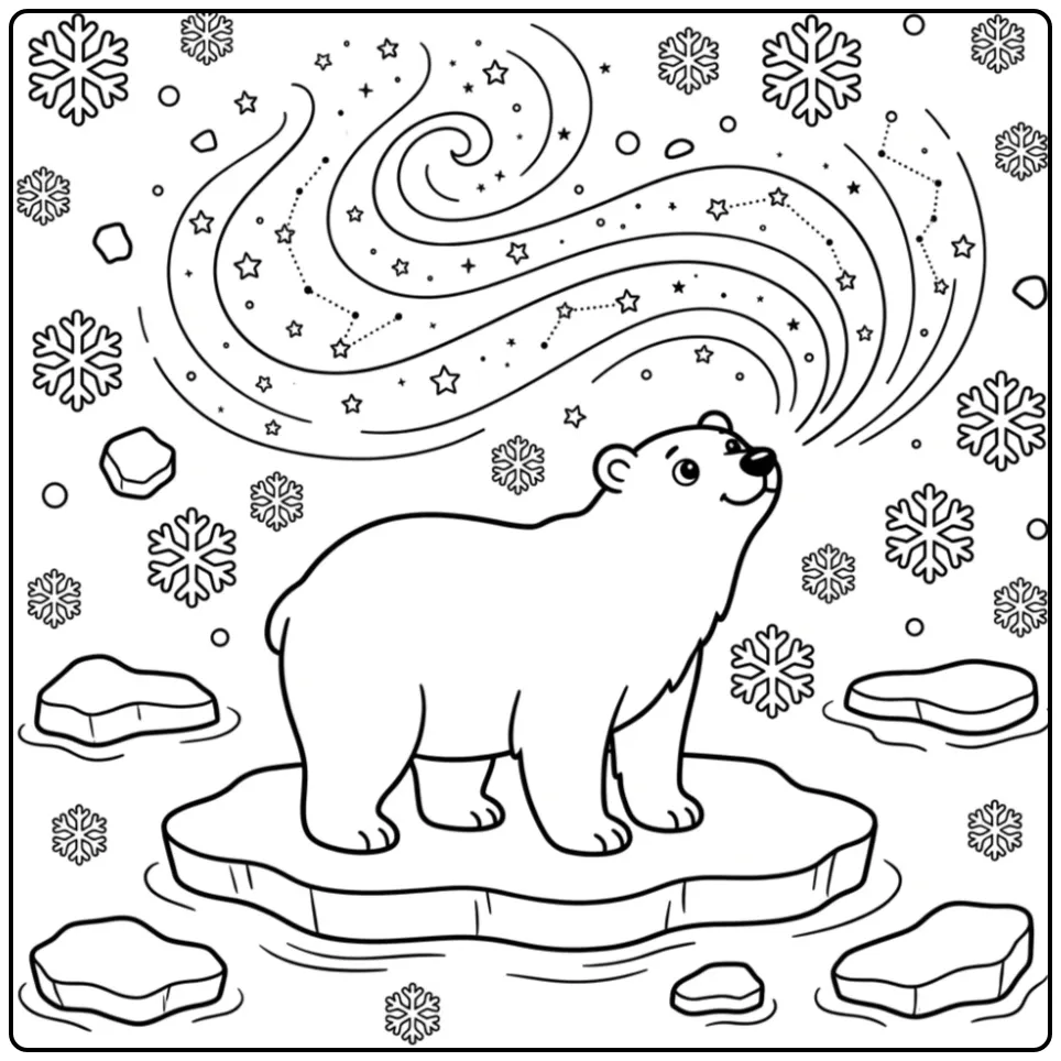 Polar bear coloring page on an ice floe with stars