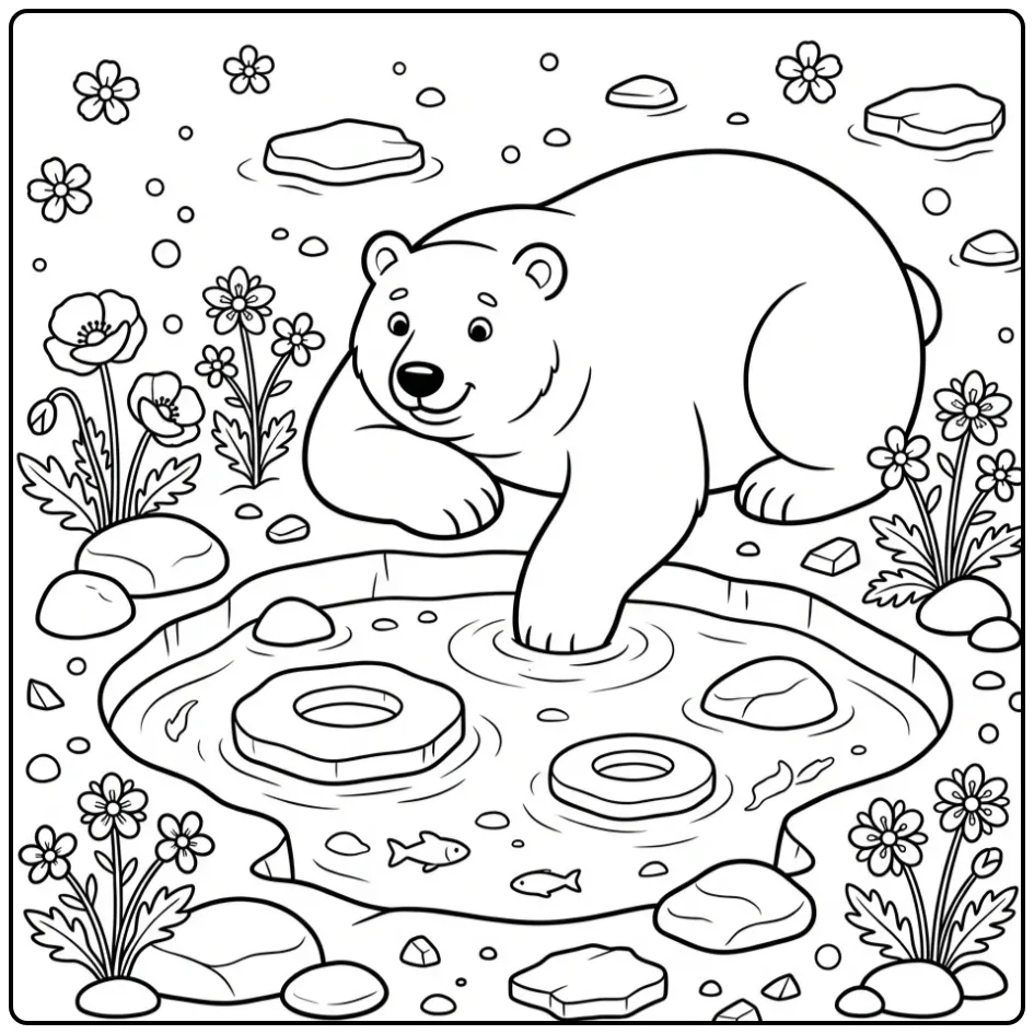 Relaxed polar bear coloring page by an icy pool with flowers