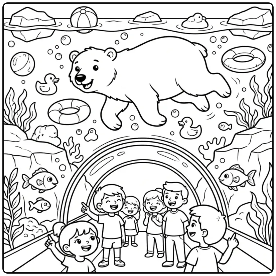 Swimming polar bear coloring page with bubbles and toys