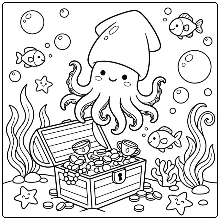Squid coloring page by a treasure chest and seaweed