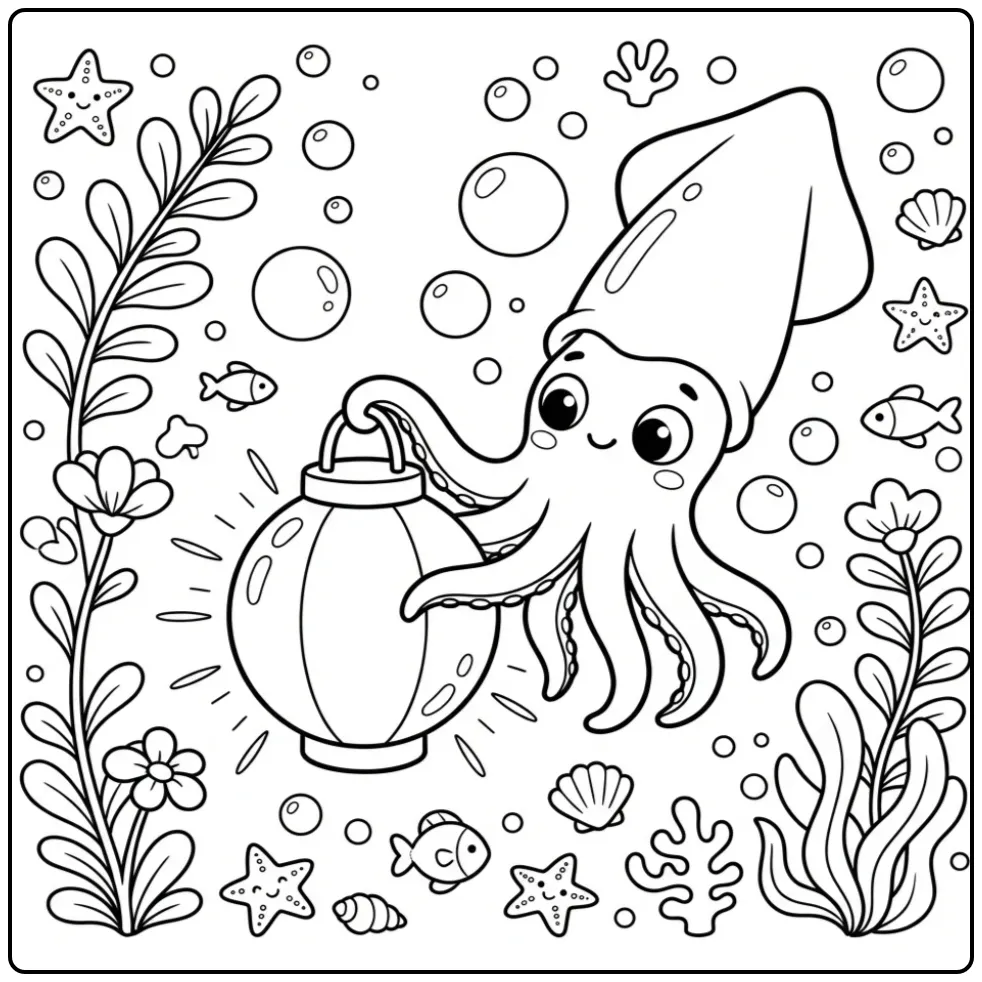 Squid coloring page with a lantern and bubbles underwater