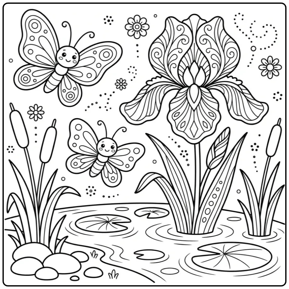 Adult flowers and butterflies coloring page with an iris by water