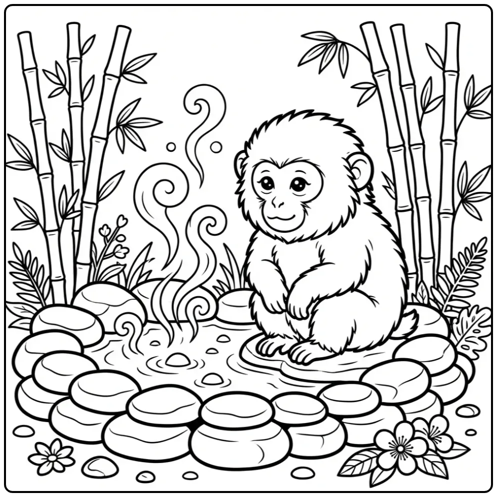 Japanese macaque coloring page by a steaming hot spring