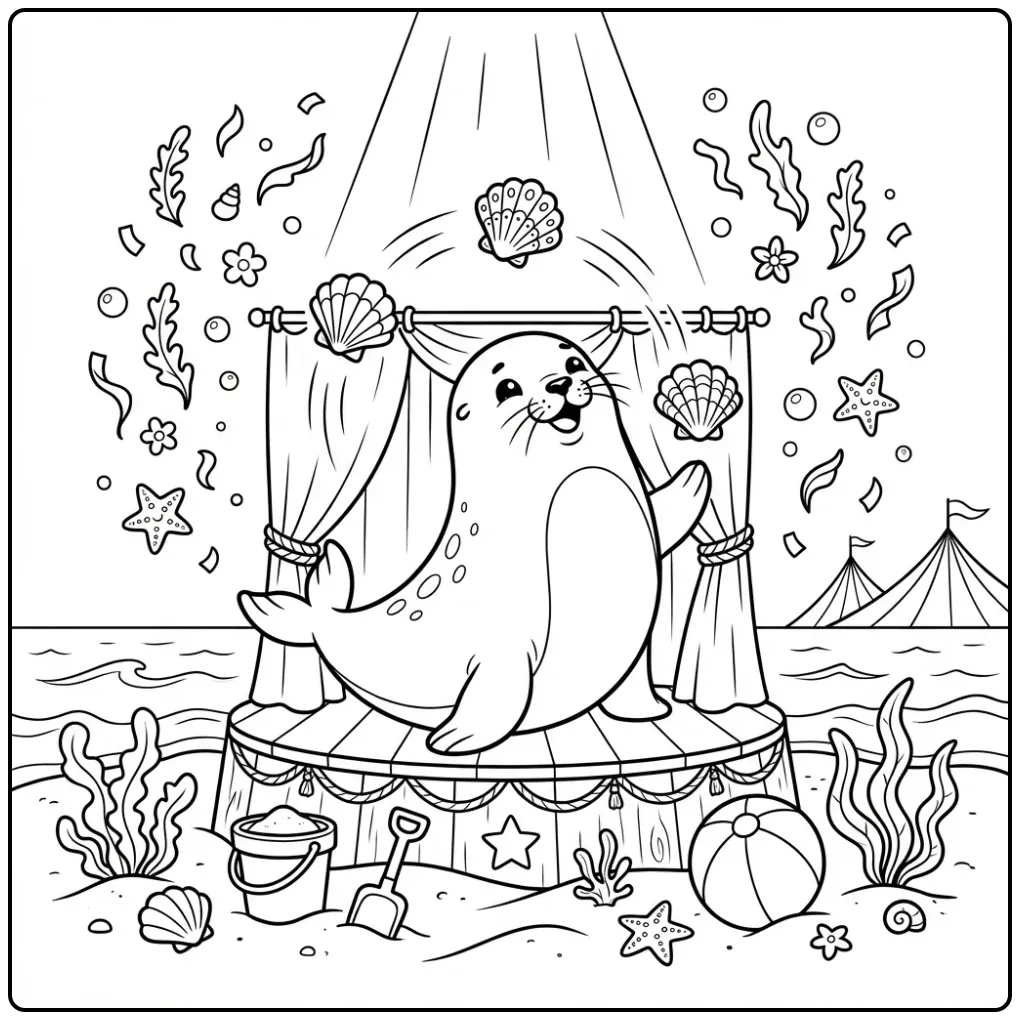 Seal coloring page showing a circus seal juggling shells