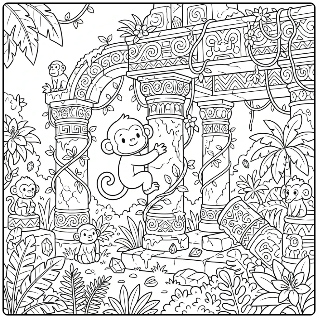 Difficult monkey coloring page on an ancient temple ruin
