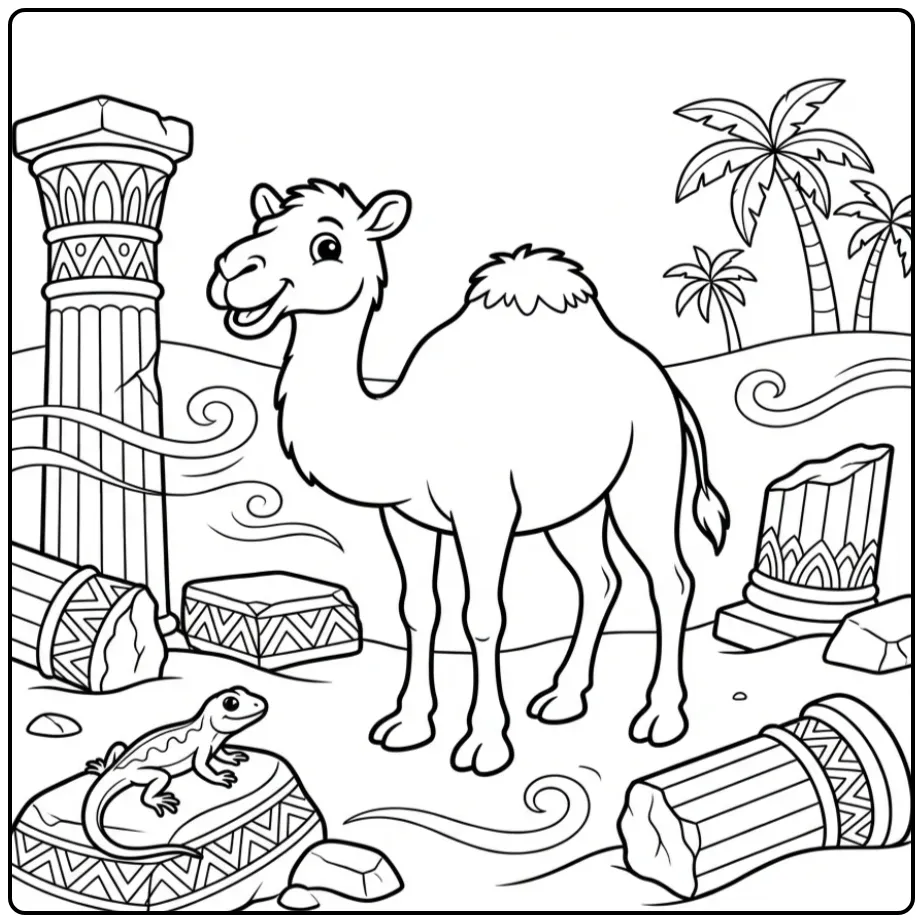 Camel coloring page by old ruins and palm trees