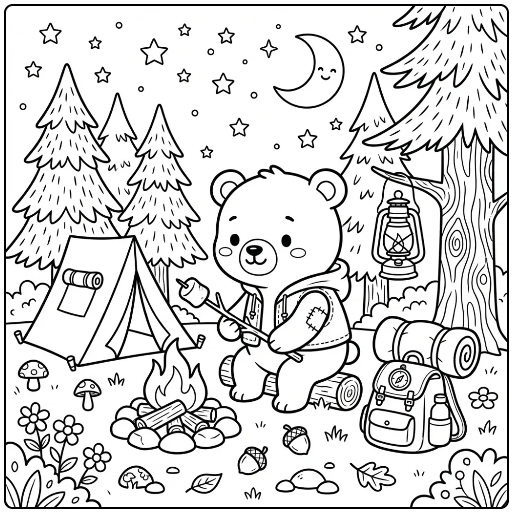 Teddy bear coloring page camping by a fire with a tent