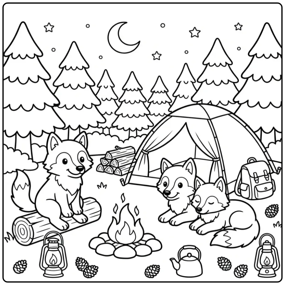 Wolf coloring page showing camping wolves