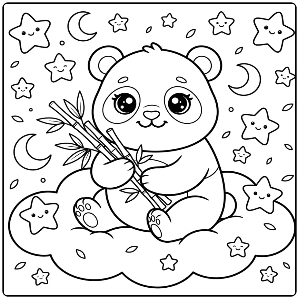 Kawaii panda coloring page on a cloud