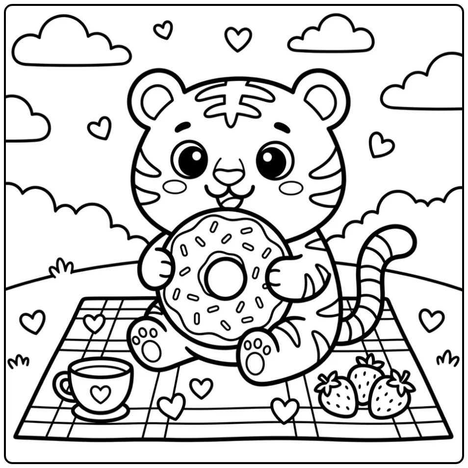 Cute tiger coloring page with a donut and tea