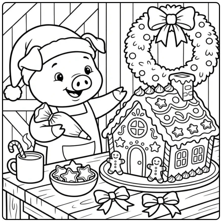 Christmas pig coloring page by a gingerbread house