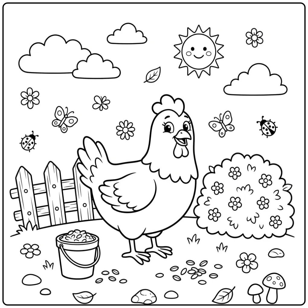 Easy chicken coloring page by a wooden fence and bucket