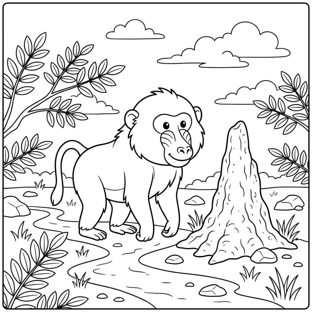 Baboon coloring page by a termite mound on the savanna