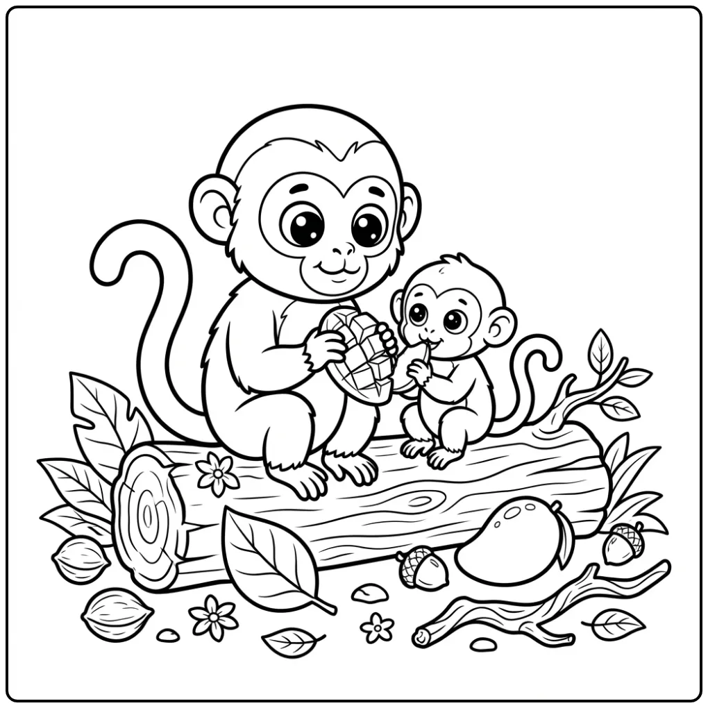 Capuchin monkey coloring page with baby on a tree trunk