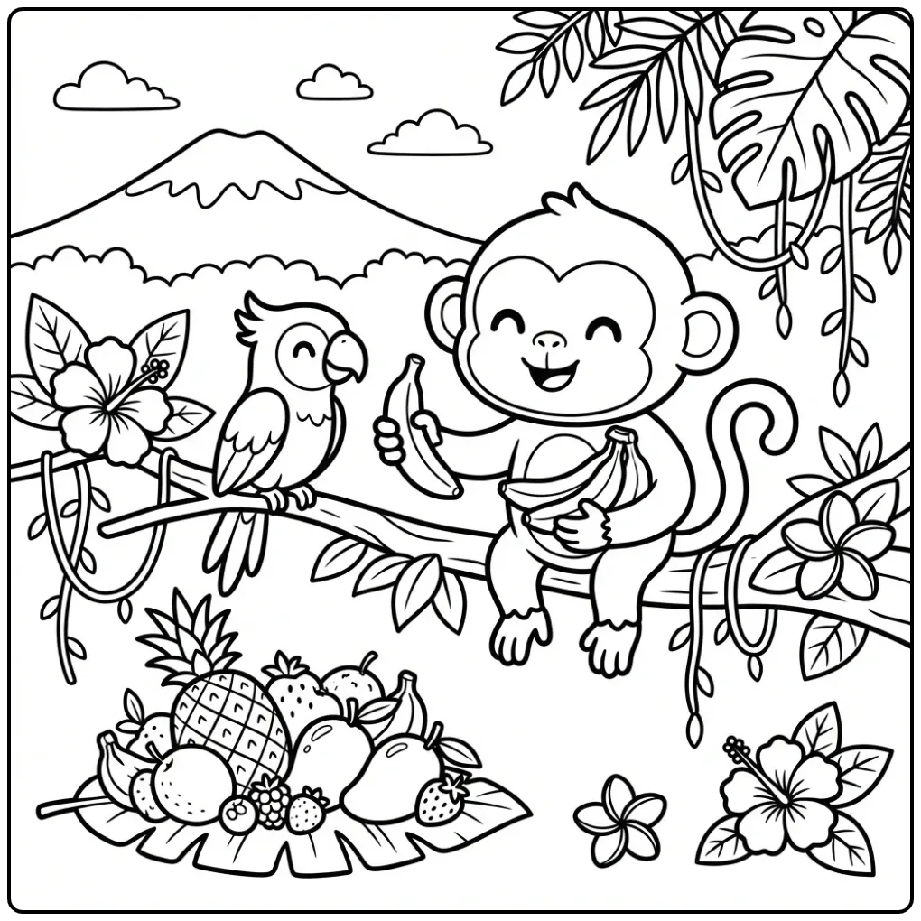 Monkey coloring page sharing a banana with a parrot