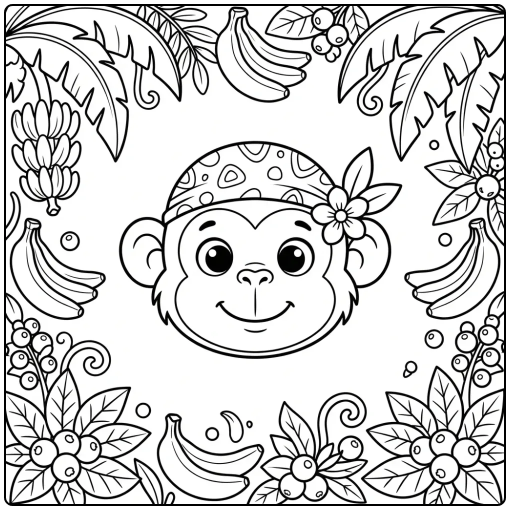 Monkey head coloring page with a bandana and flower