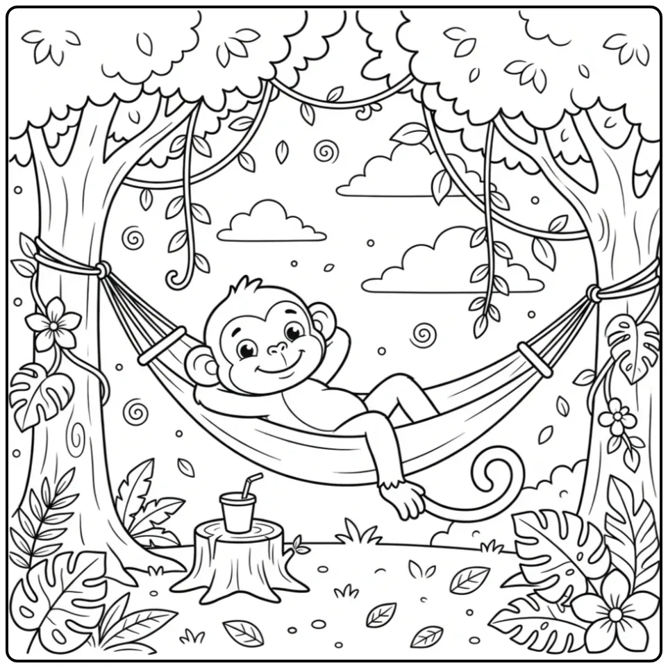 Monkey coloring page relaxing in a hammock with a drink