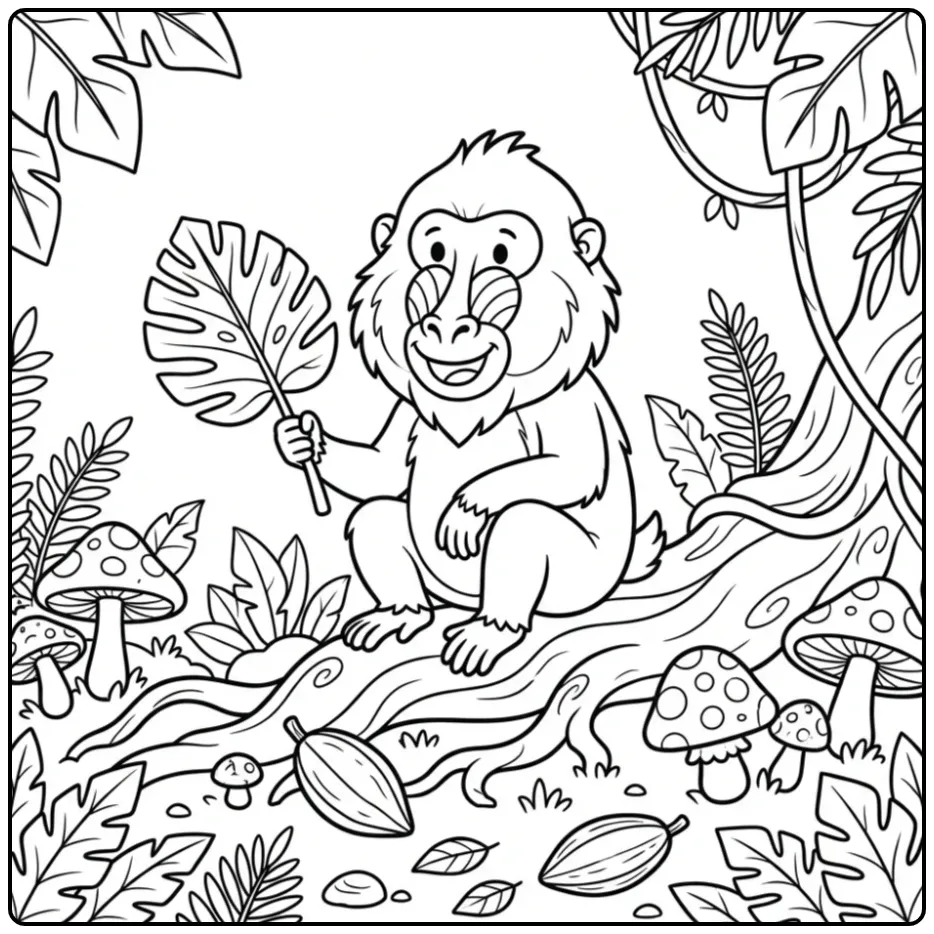 Mandrill coloring page with a leaf fan in the jungle