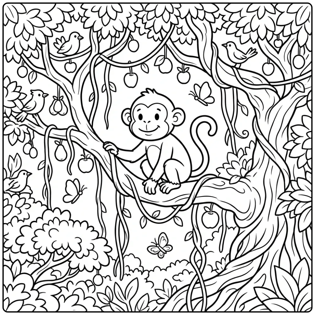 Difficult monkey coloring page in a jungle tree