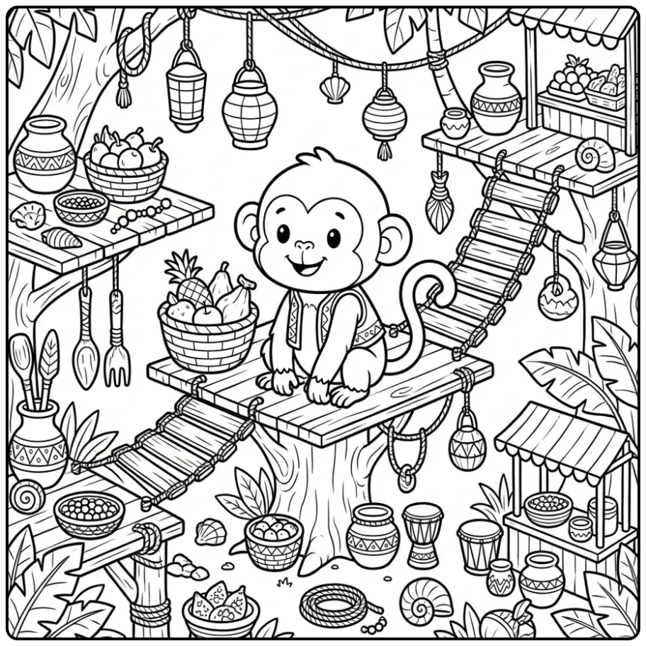 Difficult monkey coloring page among jungle market lanterns