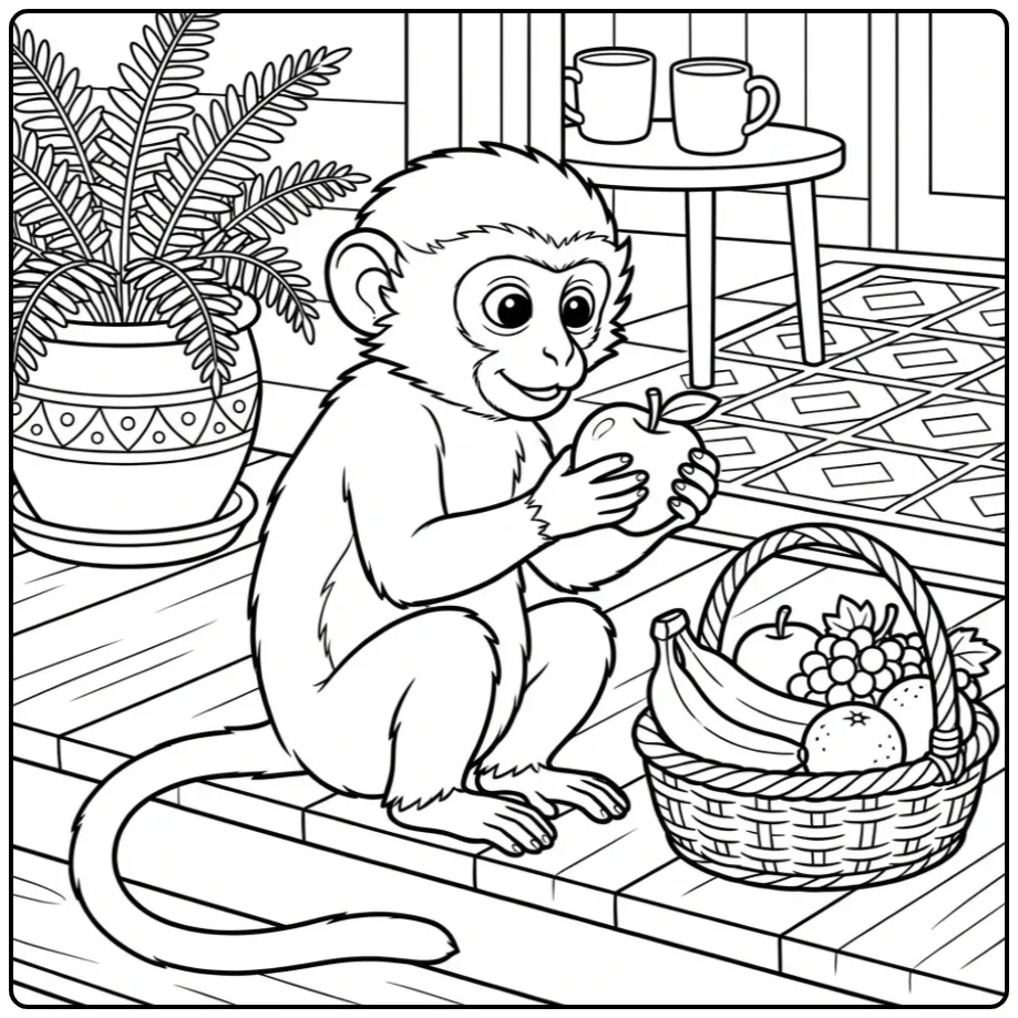 Meerkat coloring page with an apple and fruit basket