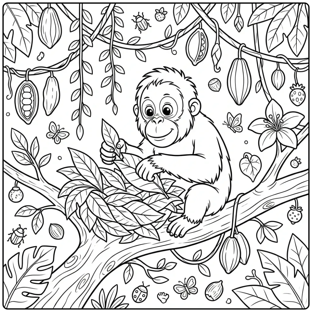 Orangutan coloring page building a leafy nest