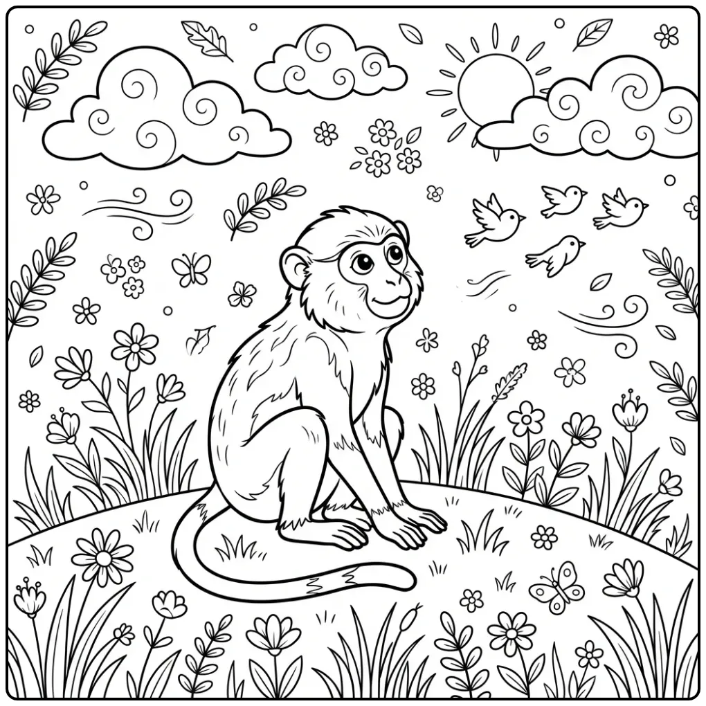 Patas monkey coloring page watching birds at sunrise