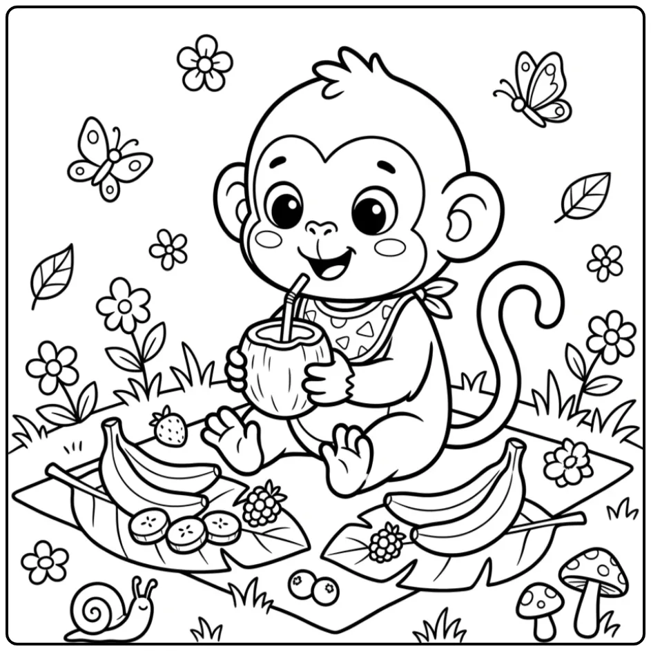 Baby monkey coloring page with a coconut cup