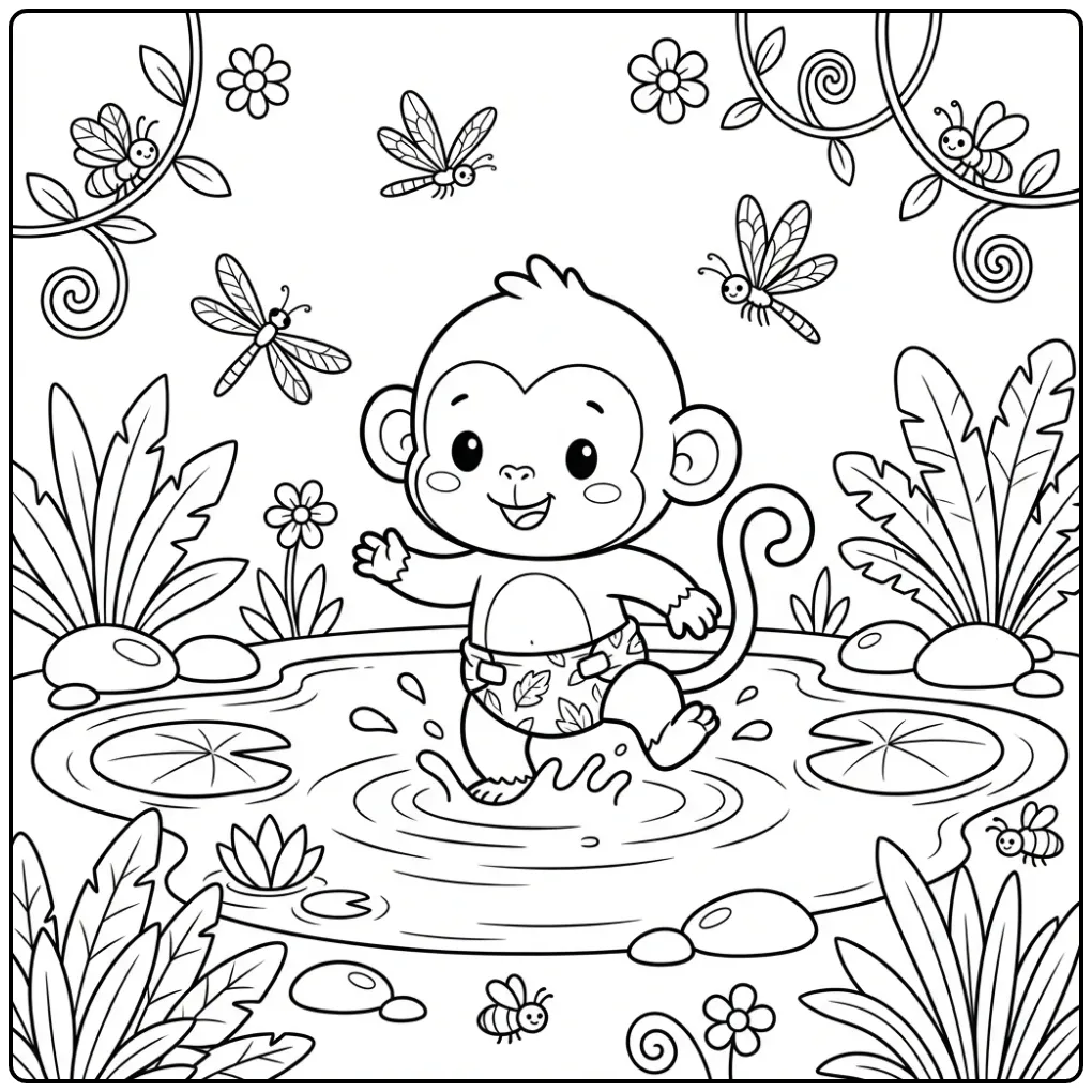 Little monkey coloring page splashing in water