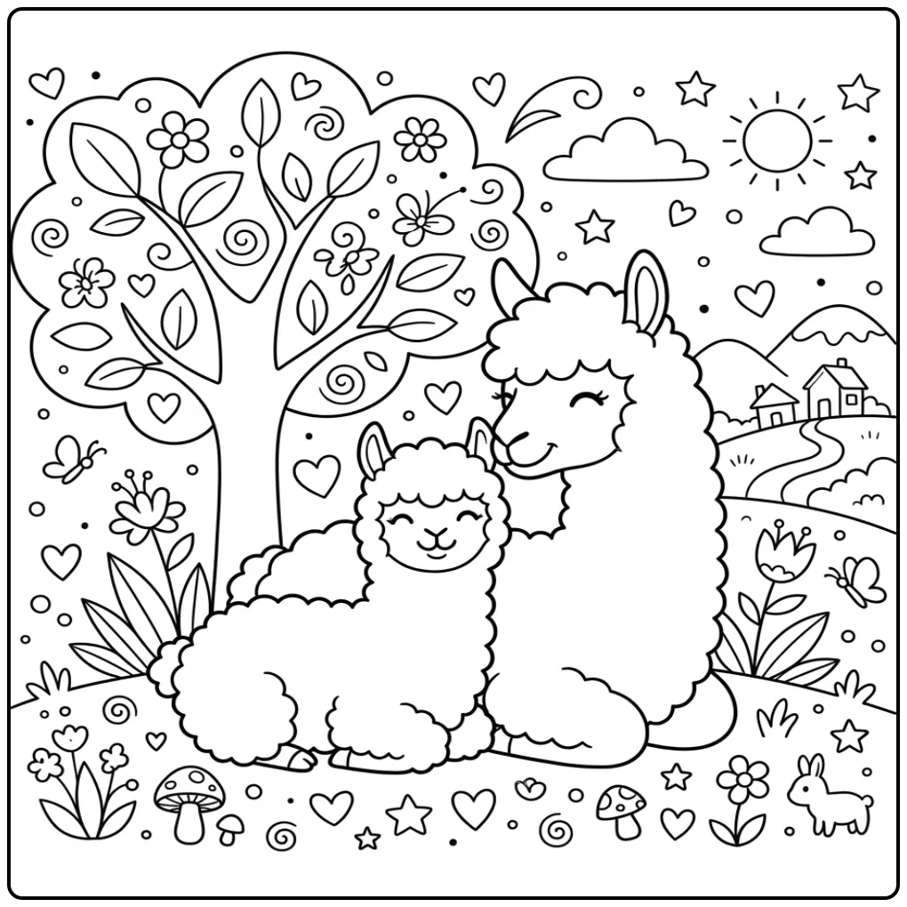 Cute alpaca coloring page with a baby under a tree