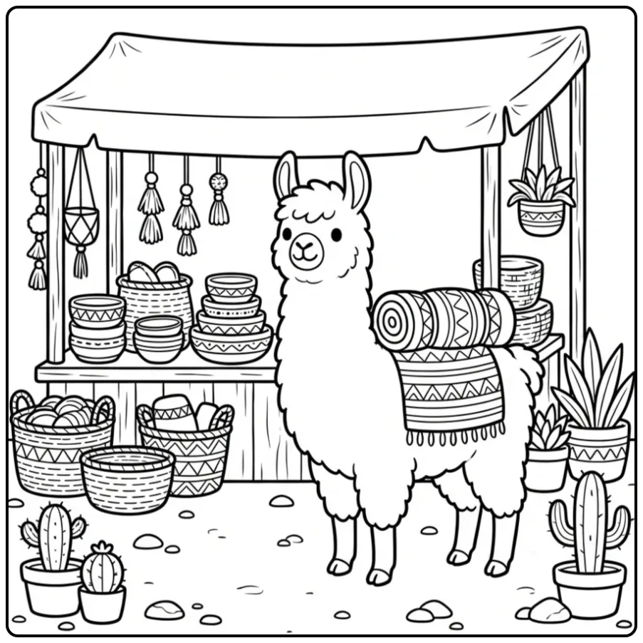 Alpaca coloring page with a blanket by a market stall