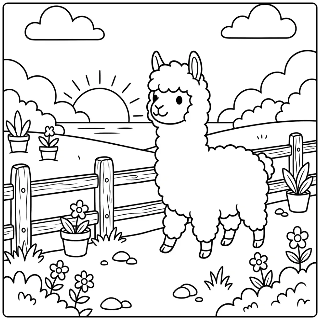 Happy alpaca coloring page walking along a fence in the sun