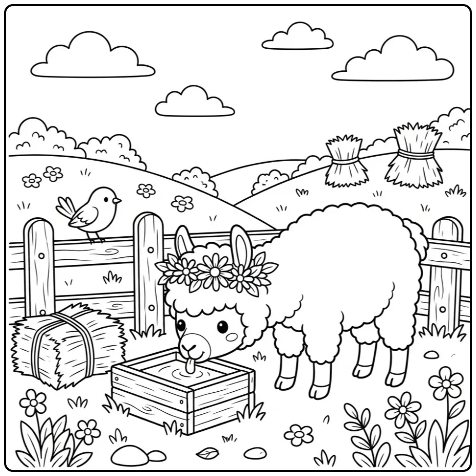 Alpaca coloring page drinking by a wooden fence