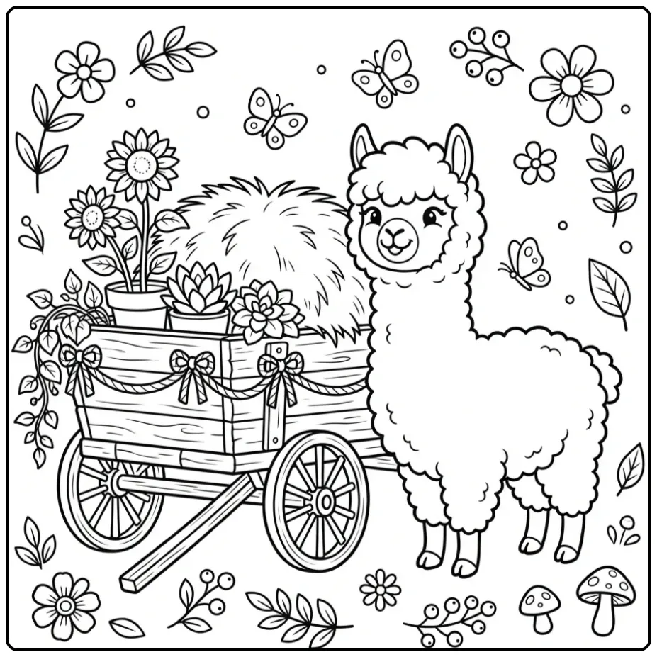 Cute alpaca coloring page with a hay wagon and plants