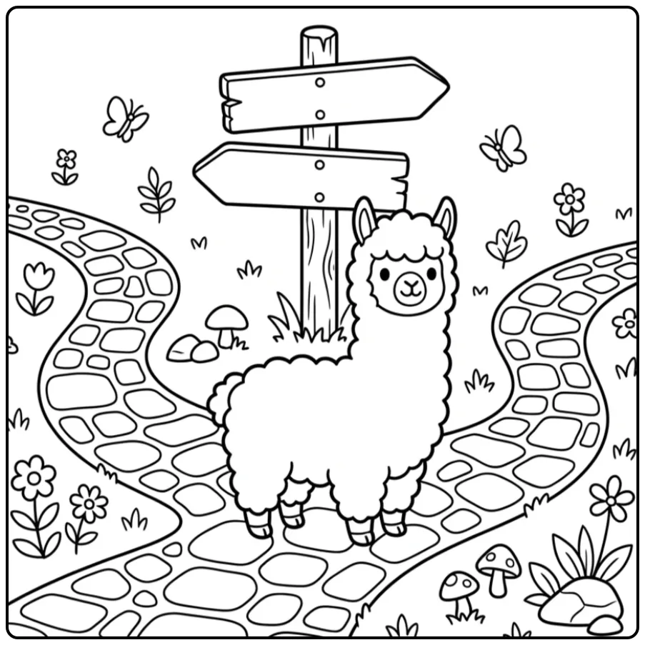 Alpaca coloring page choosing a path by a wooden sign