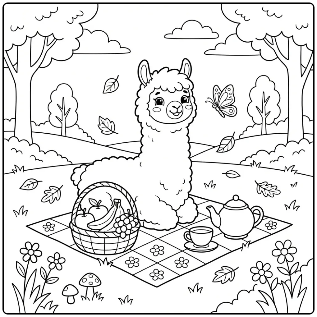 Alpaca coloring page having a picnic with fruit