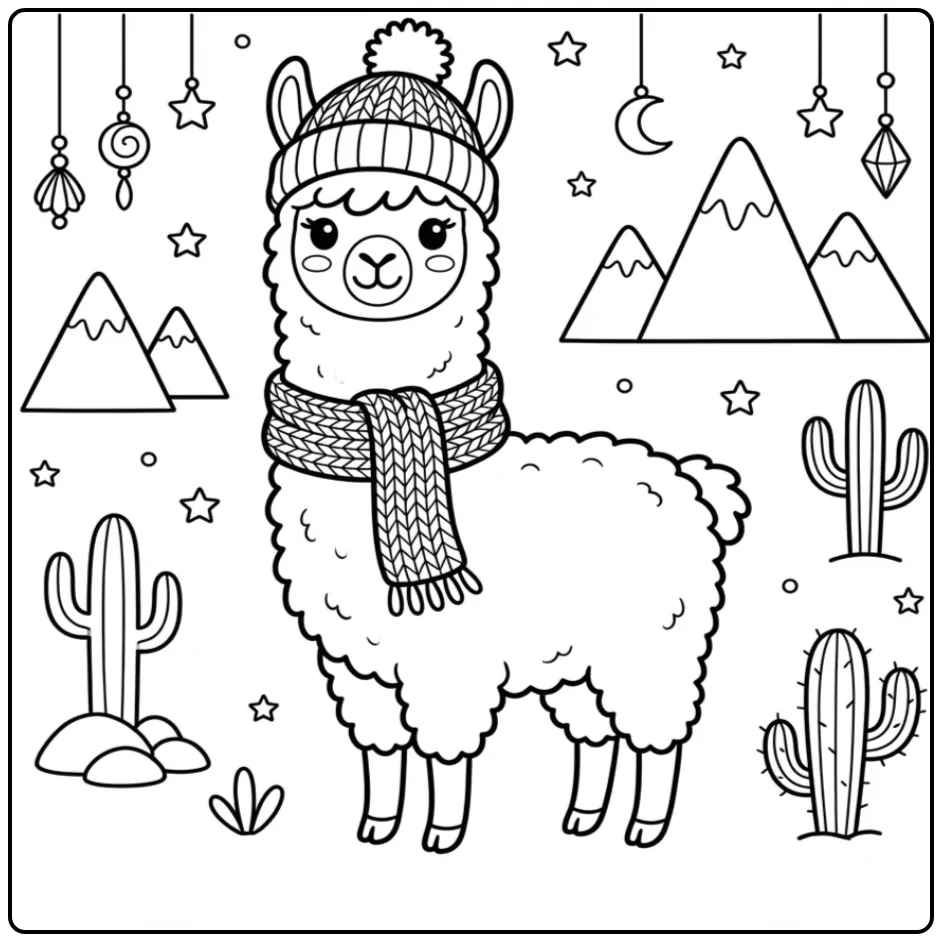 Alpaca coloring page with a scarf and winter hat