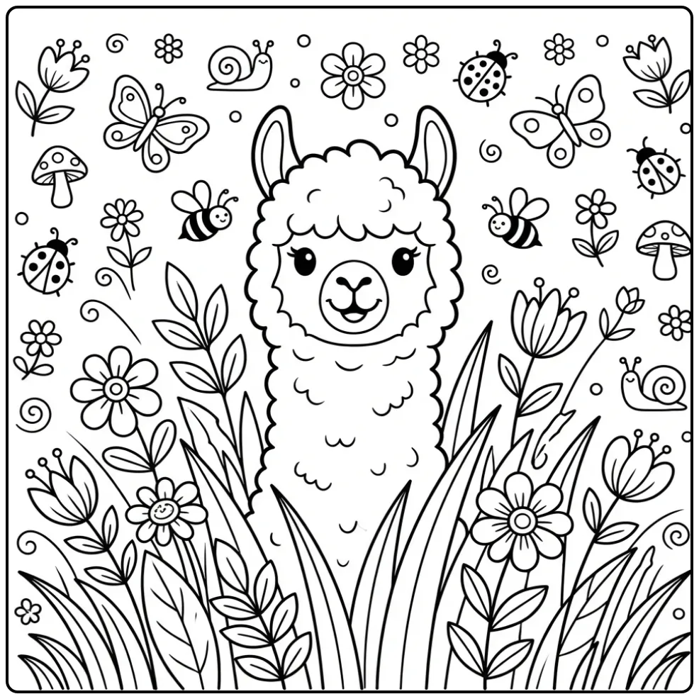 Cute alpaca coloring page peeking through grass