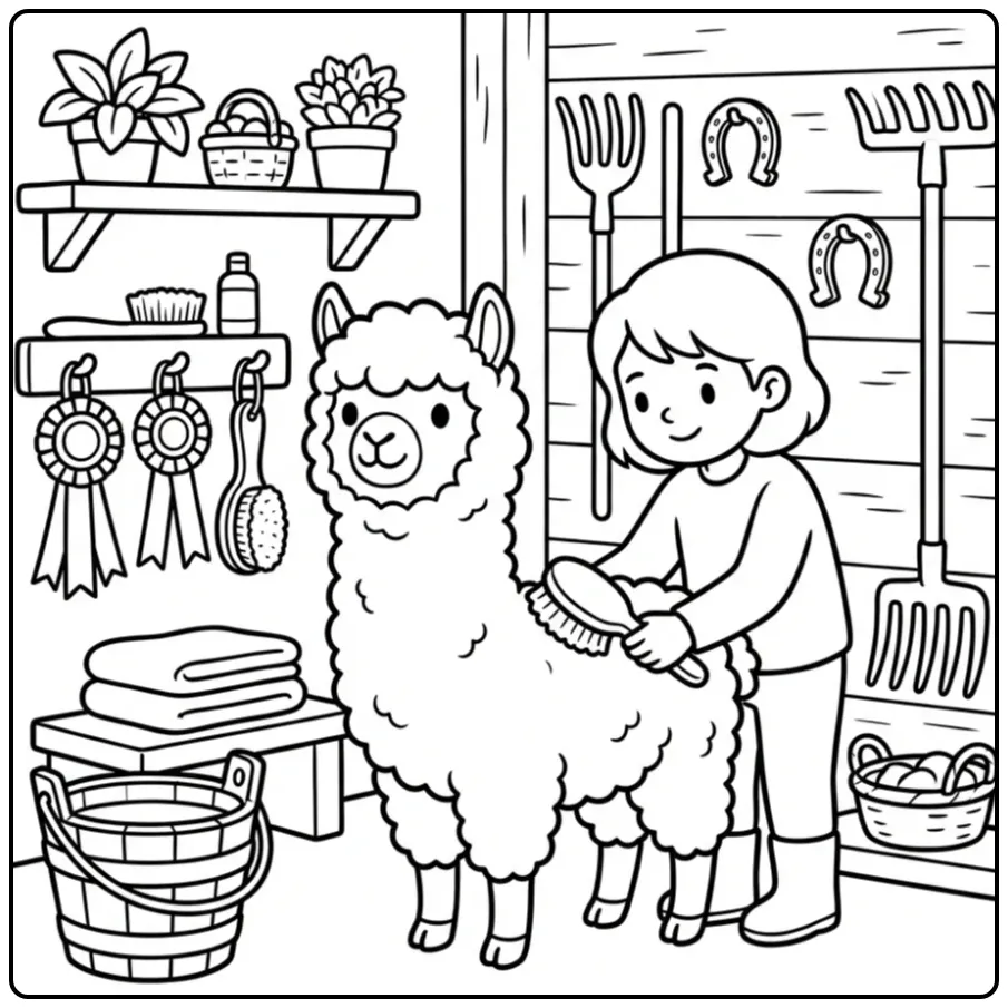 Alpaca coloring page being brushed in a stable