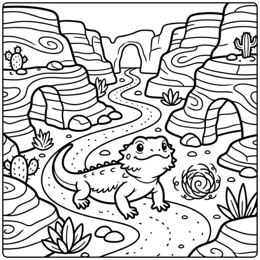 Bearded dragon coloring page in a rocky canyon