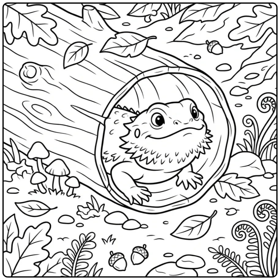Bearded dragon coloring page peeking from a hollow log