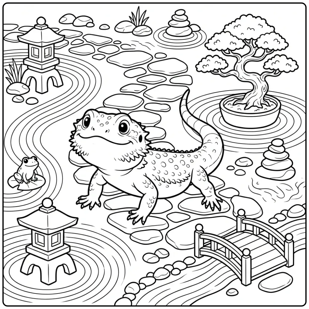 Bearded dragon coloring page with bonsai and stepping stones