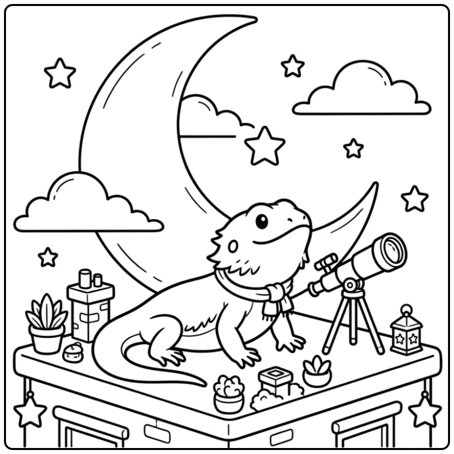 Bearded dragon coloring page on a roof with a telescope