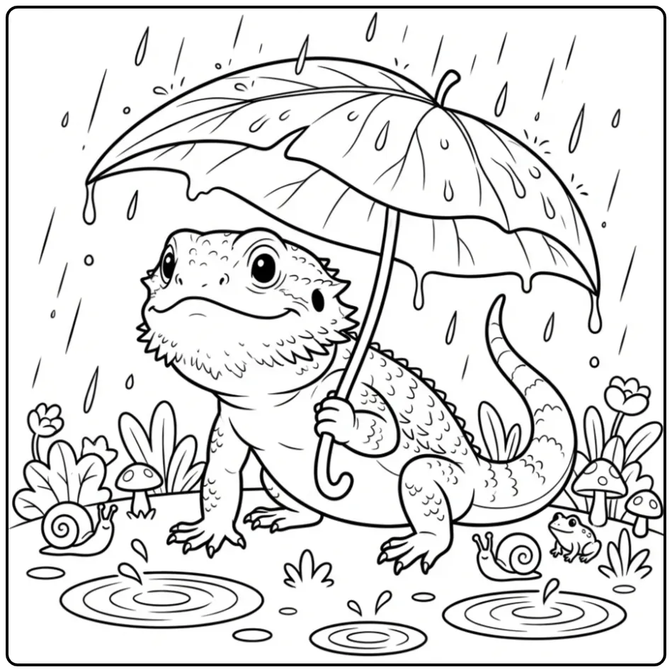 Rainy bearded dragon coloring page under a large leaf