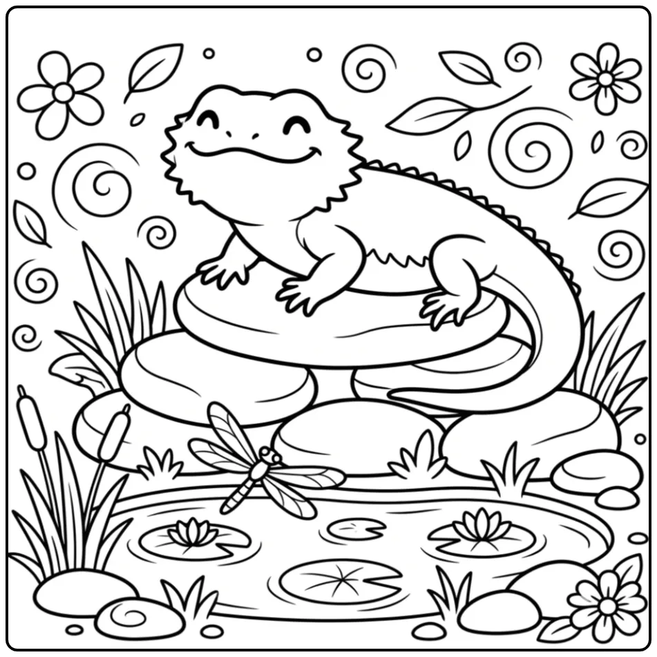 Bearded dragon coloring page sitting on stones by water