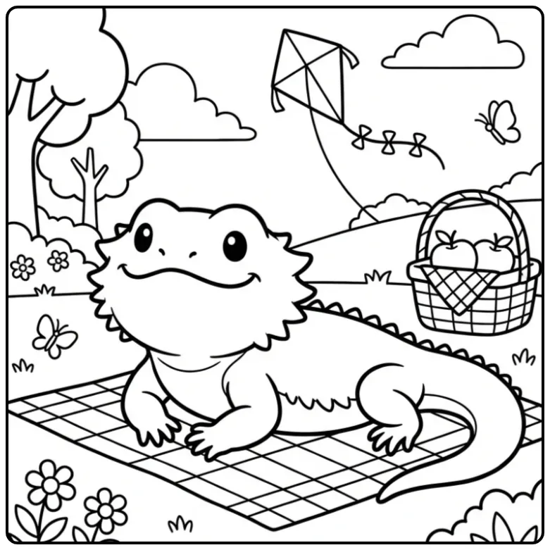 Bearded dragon coloring page during a park picnic