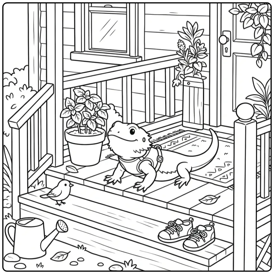 Bearded dragon coloring page wearing a harness on a porch