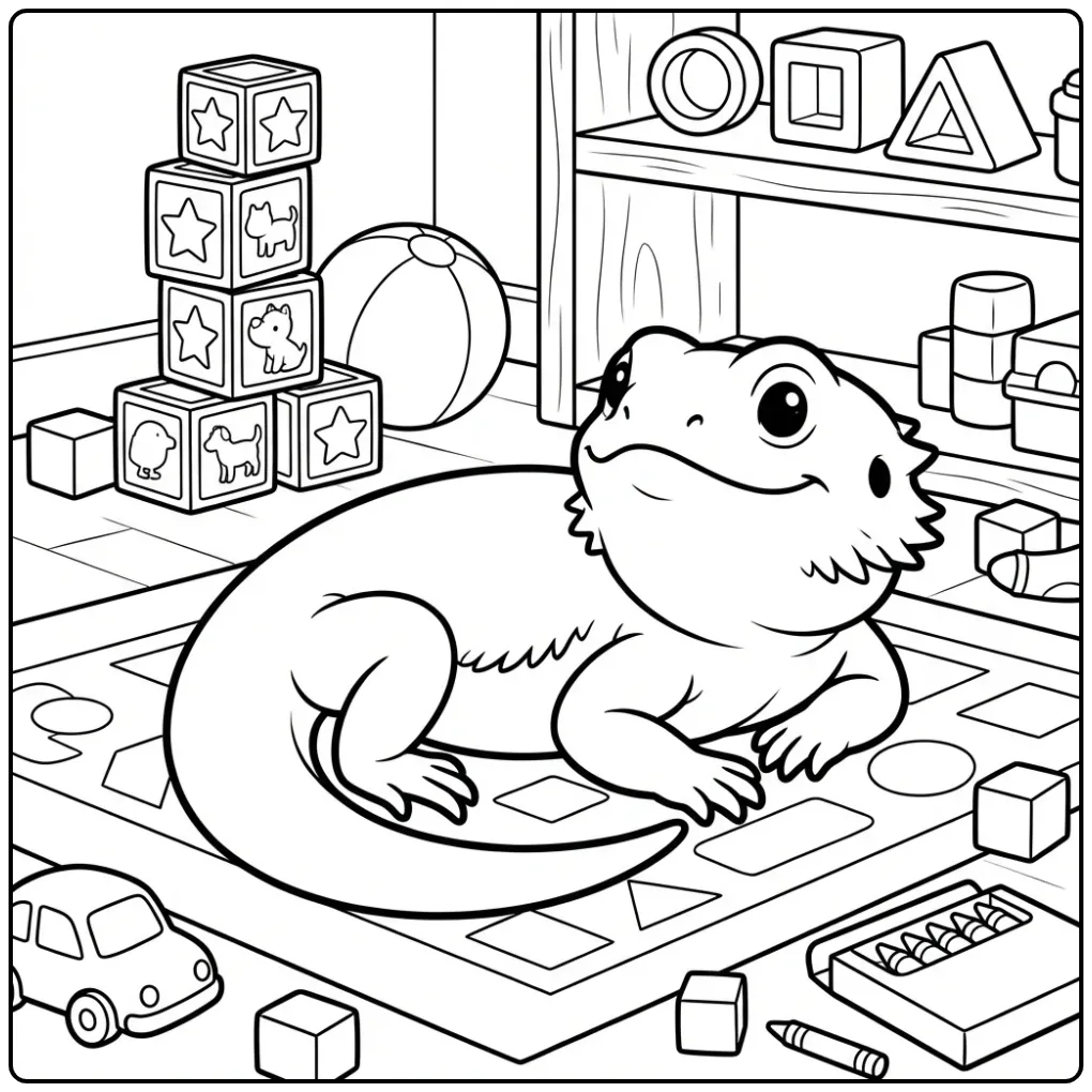 Bearded dragon coloring page on a soft playroom rug