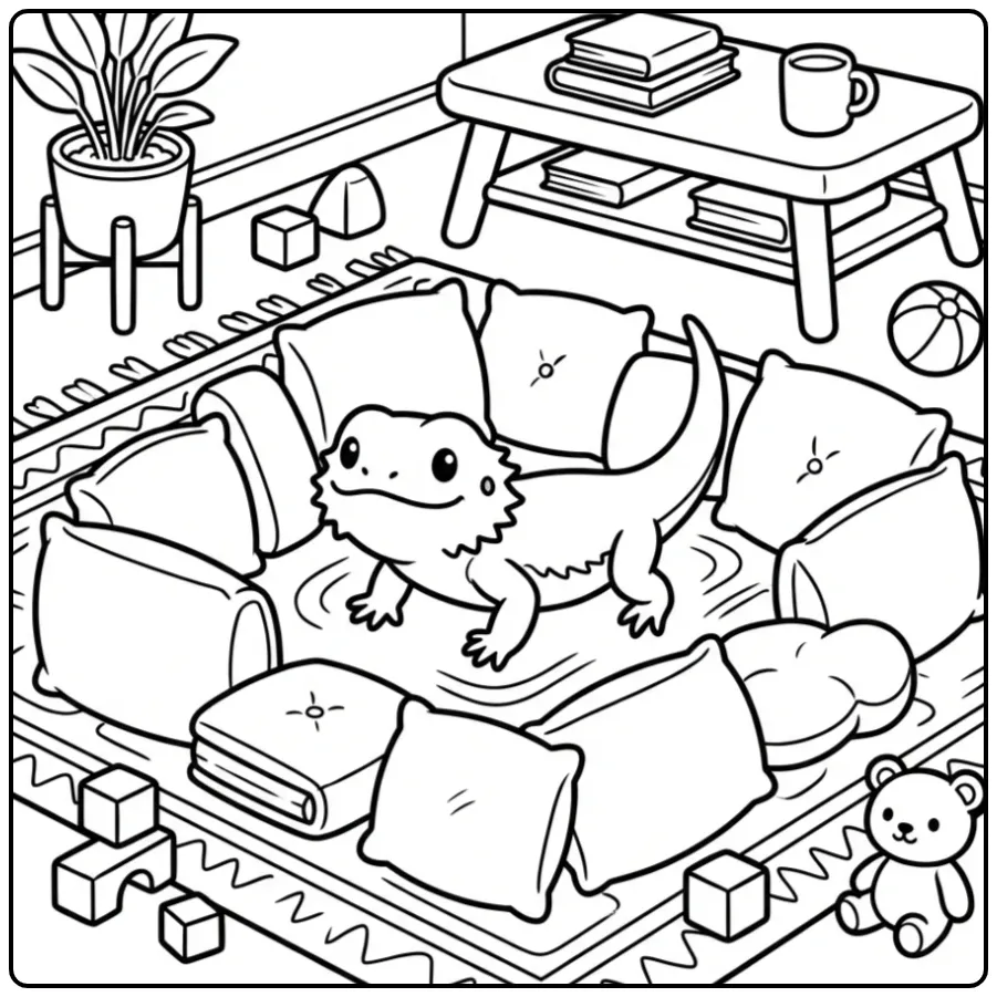 Bearded dragon coloring page playing among soft cushions